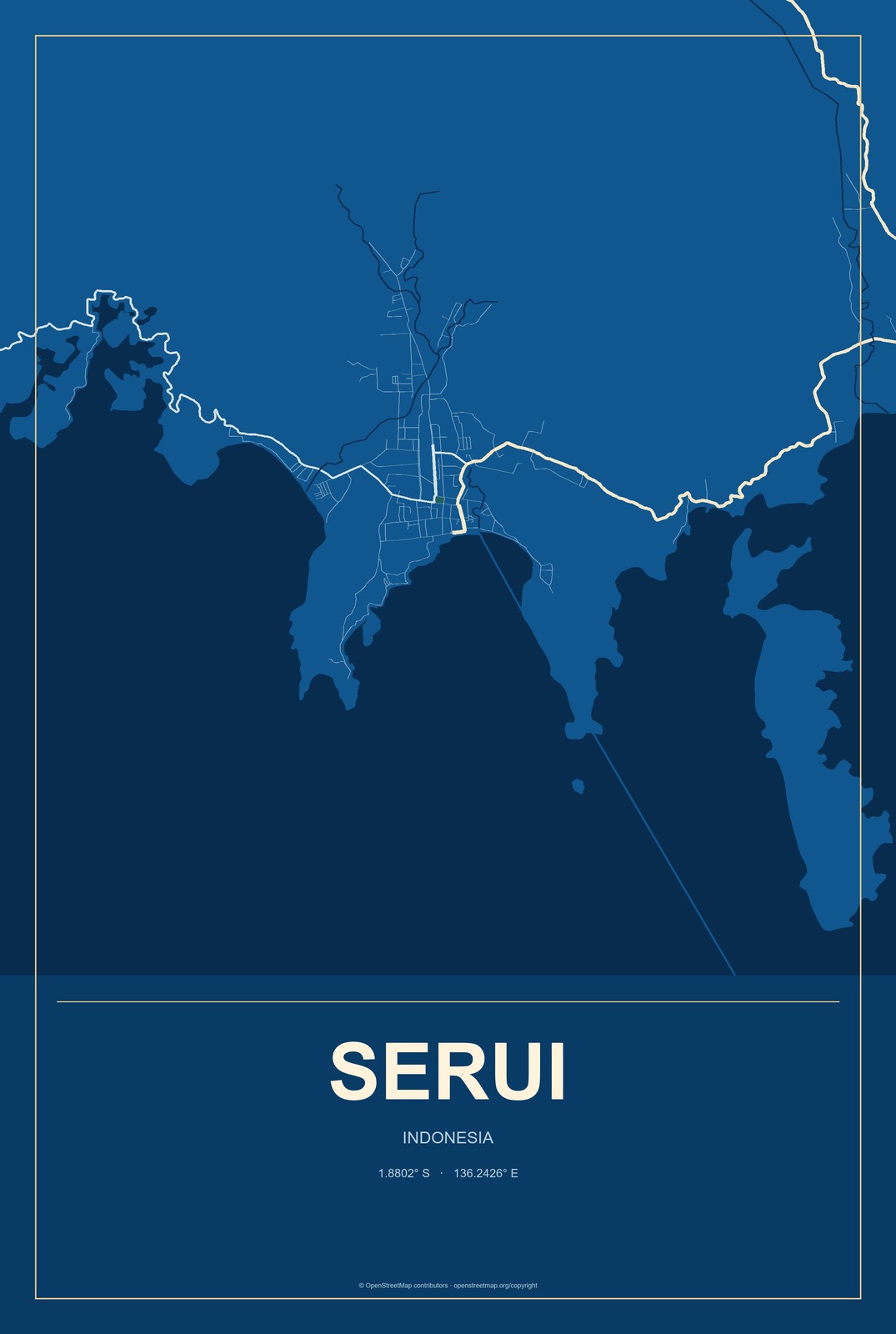 Serui, Indonesia City Map Aluminum Sign in Harbor Cobalt style