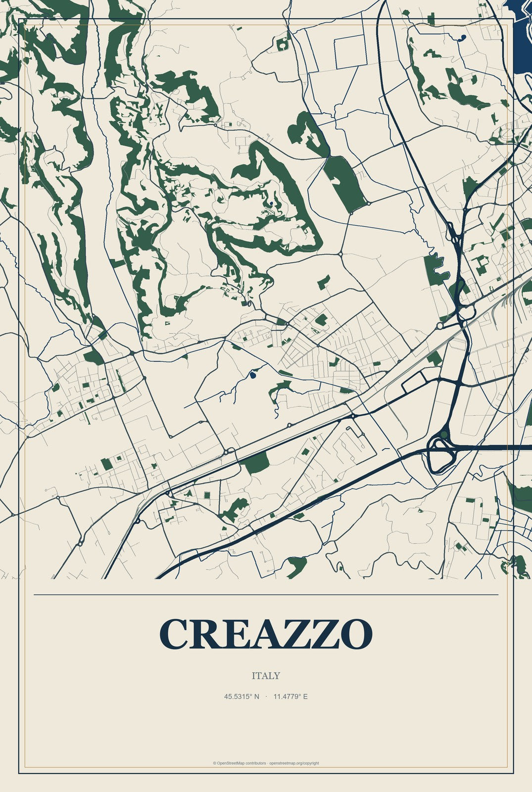 Creazzo, Italy City Map Aluminum Sign in Coastal Cutout style