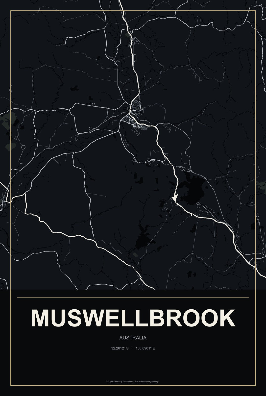 Muswellbrook, Australia City Map Aluminum Sign in Metropolitan Noir style