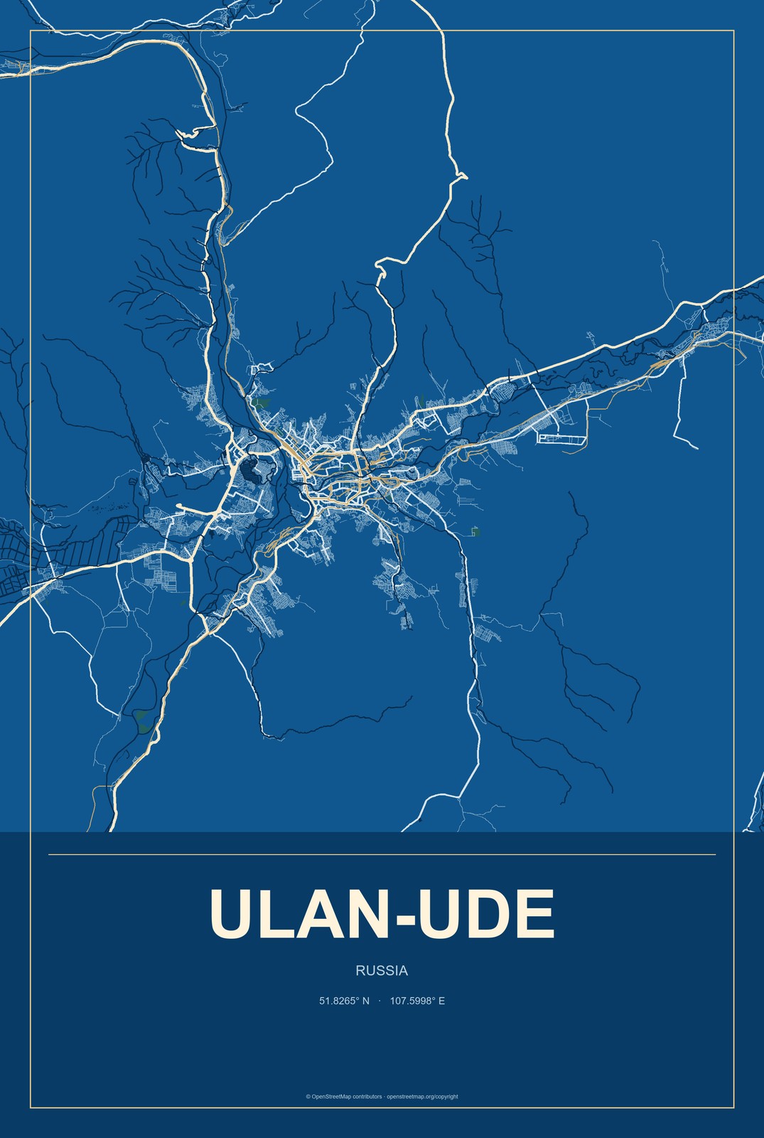 Ulan-Ude, Russia City Map Aluminum Sign in Harbor Cobalt style