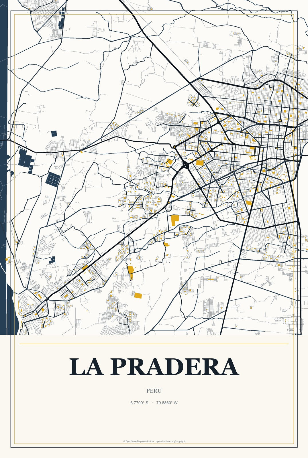 La Pradera, Peru City Map Aluminum Sign in Citrine Modern style