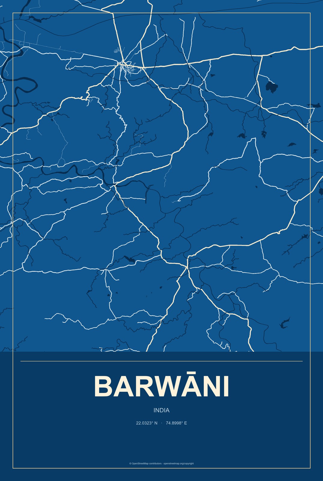 Barwāni, India City Map Aluminum Sign in Harbor Cobalt style
