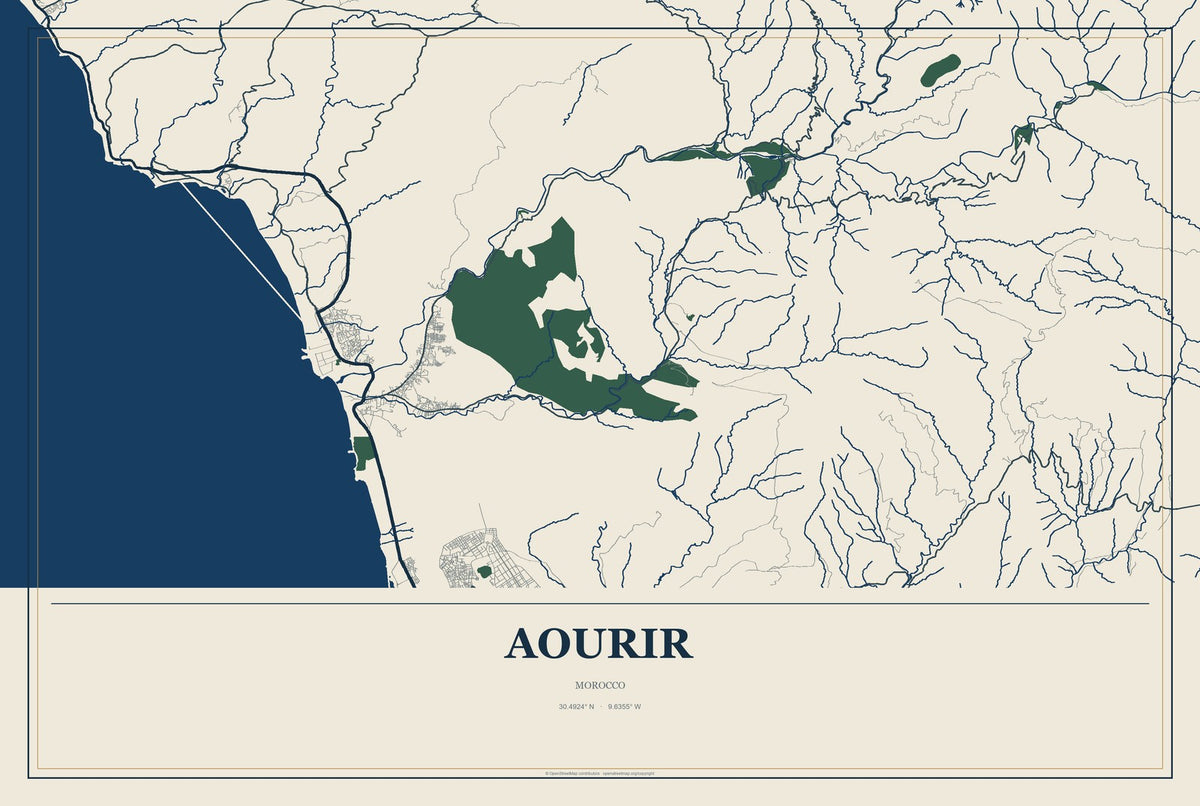Aourir, Morocco City Map Aluminum Sign in Coastal Cutout style