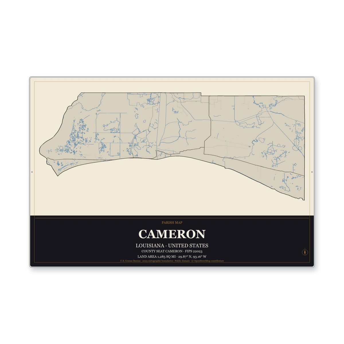 Cameron Parish, Louisiana Map Aluminum Sign in Museum Plaque style