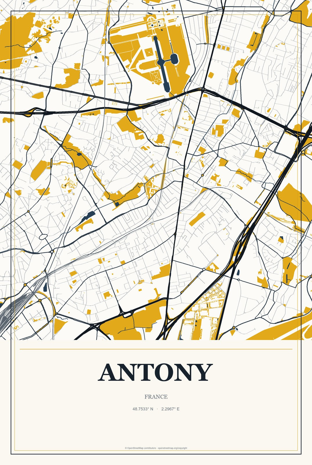 Antony, France City Map Aluminum Sign in Citrine Modern style