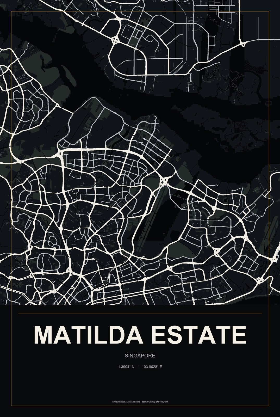 Matilda Estate, Singapore City Map Aluminum Sign in Metropolitan Noir style