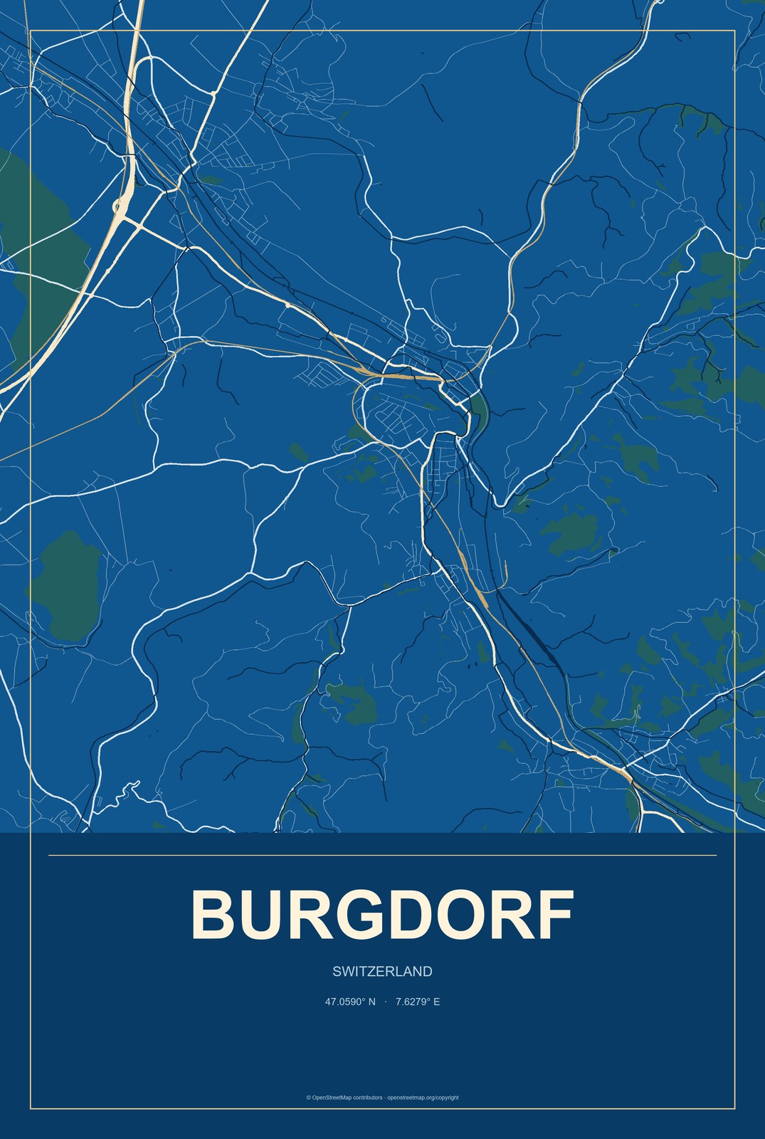 Burgdorf, Switzerland City Map Aluminum Sign in Harbor Cobalt style