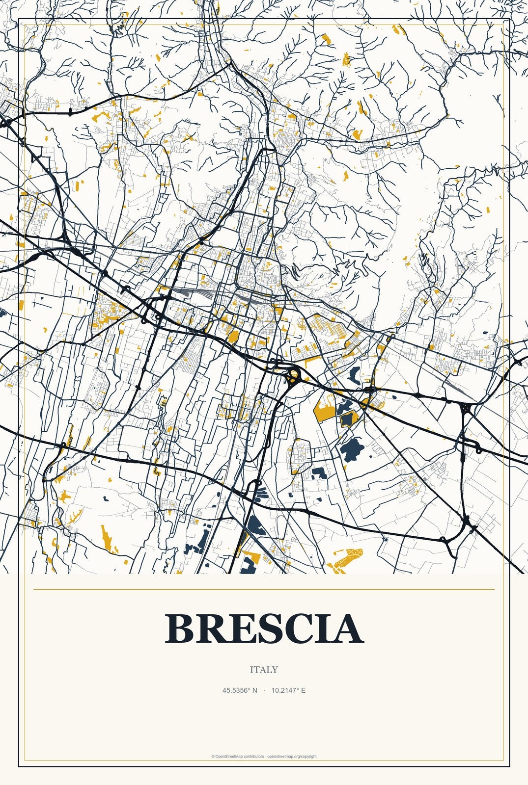 Brescia, Italy City Map Aluminum Sign in Citrine Modern style