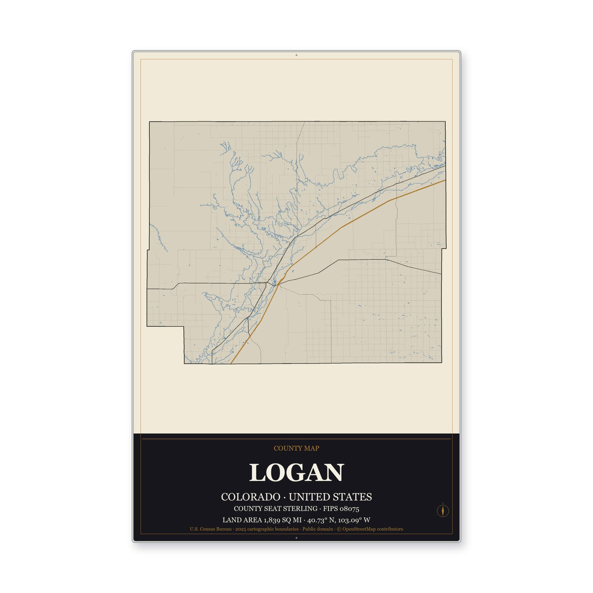 Logan County, Colorado Map Aluminum Sign in Museum Plaque style