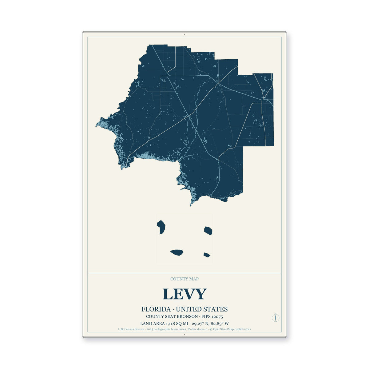 Levy County, Florida Map Aluminum Sign in Coastal Cutout style