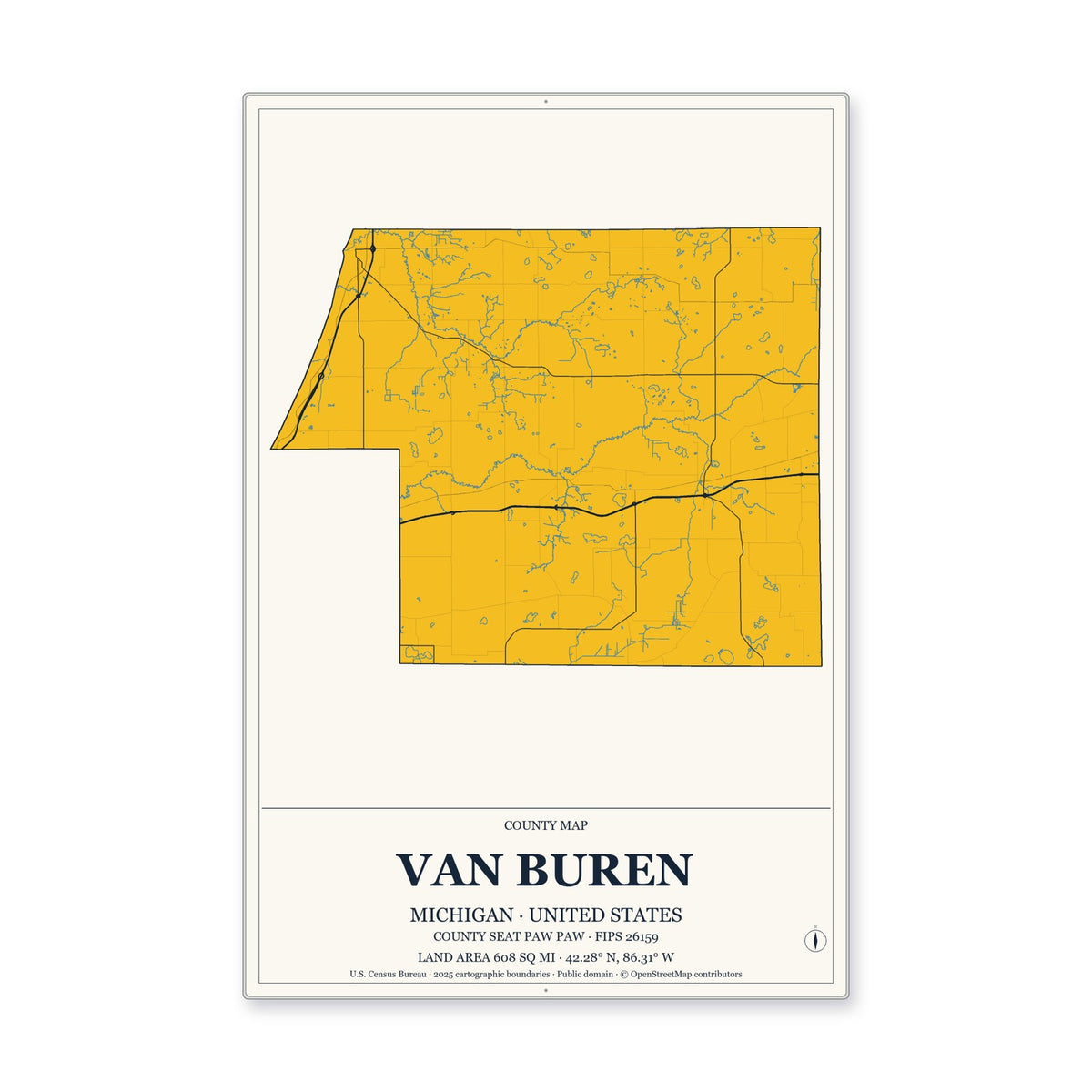 Van Buren County, Michigan Map Aluminum Sign in Citrine Modern style