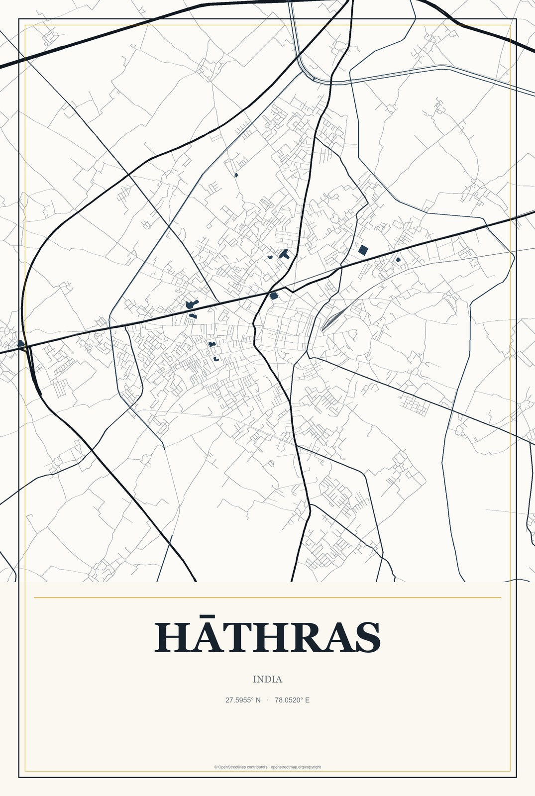 Hāthras, India City Map Aluminum Sign in Citrine Modern style