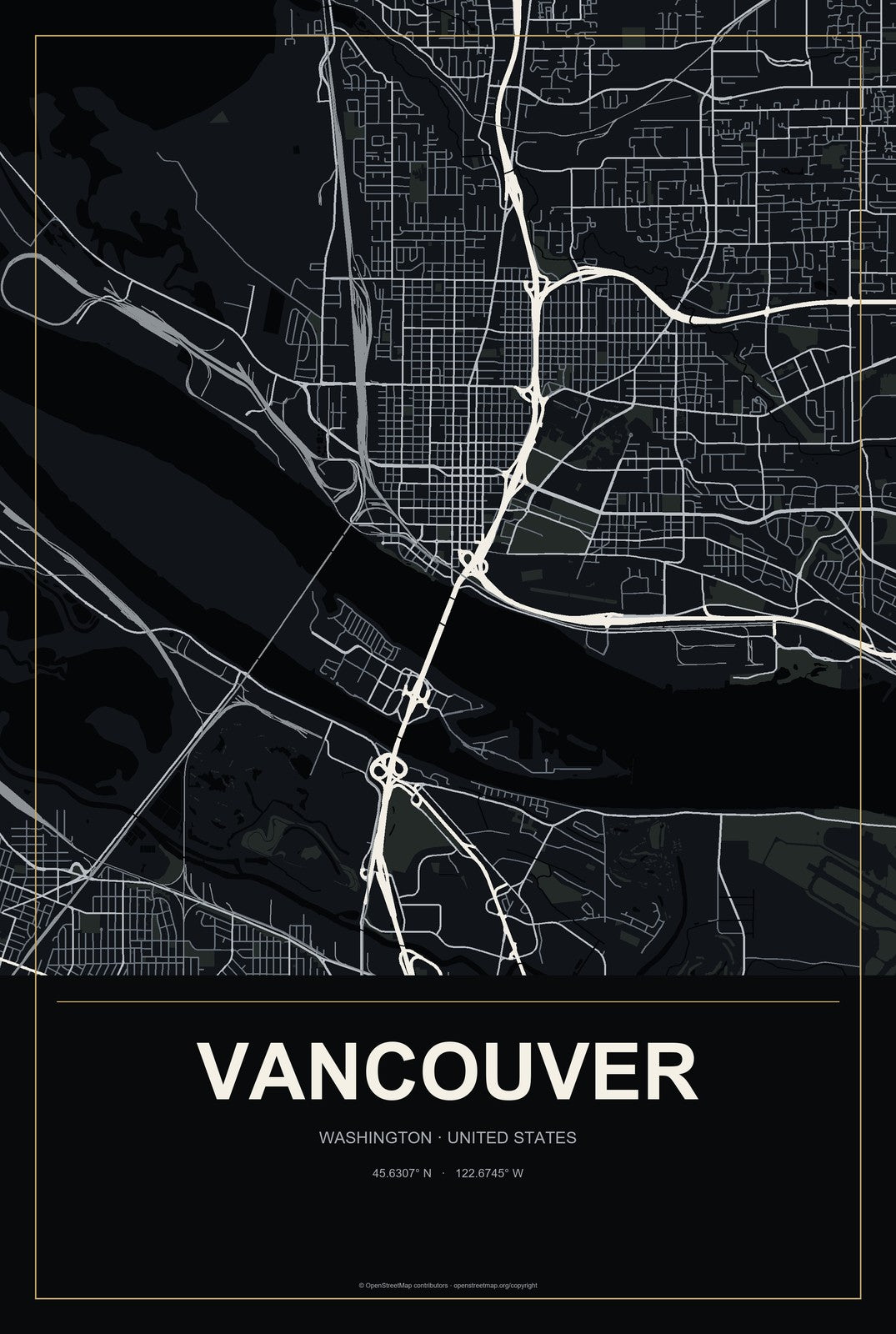 Vancouver, Washington City Map Aluminum Sign in Metropolitan Noir style