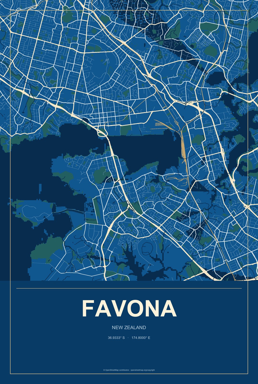 Favona, New Zealand City Map Aluminum Sign in Harbor Cobalt style