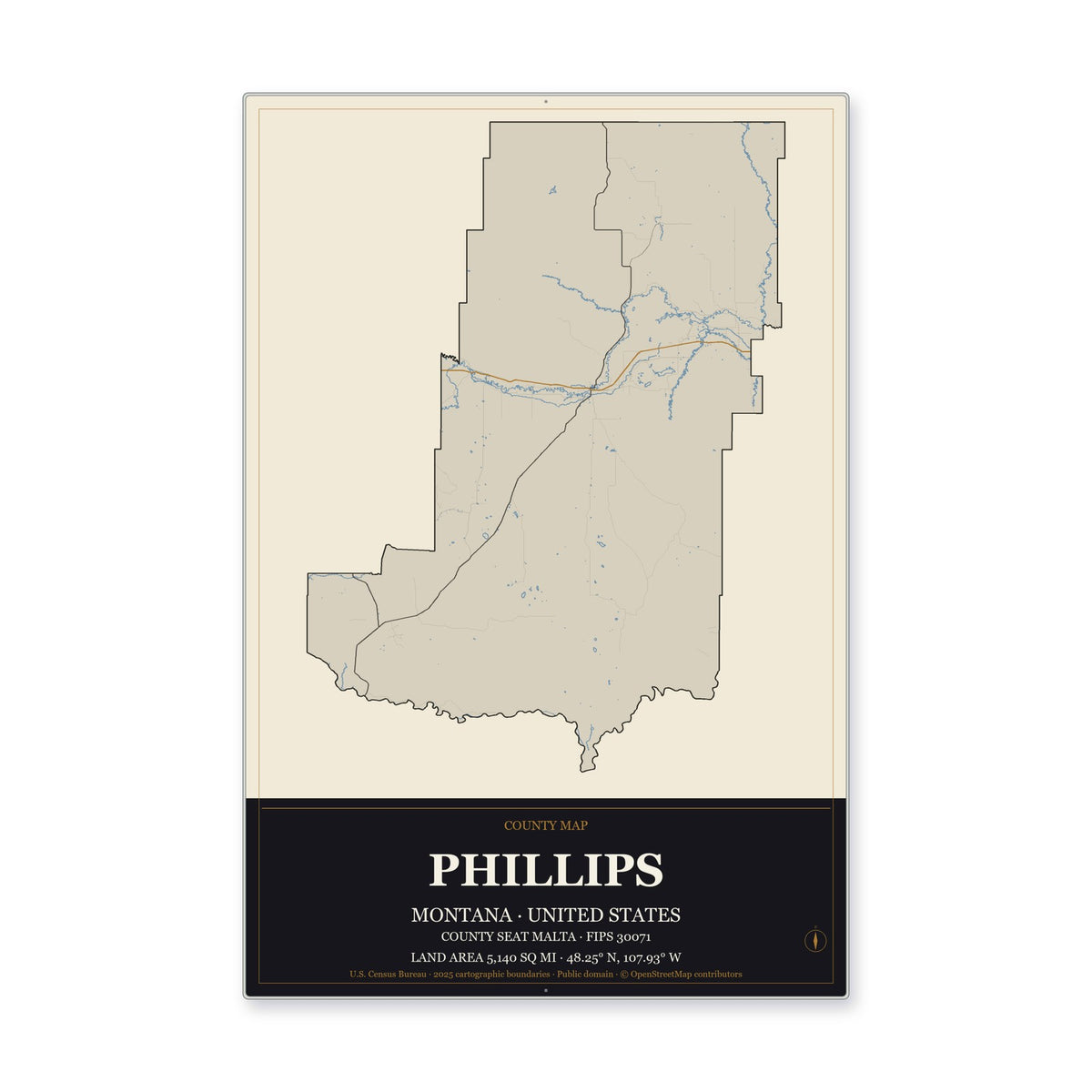 Phillips County, Montana Map Aluminum Sign in Museum Plaque style