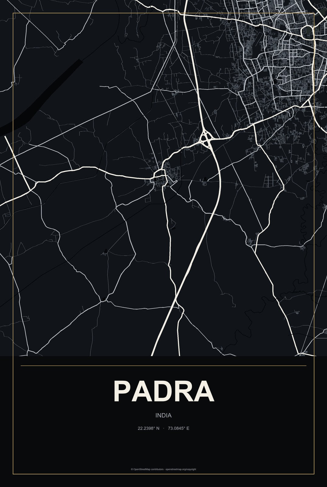 Padra, India City Map Aluminum Sign in Metropolitan Noir style