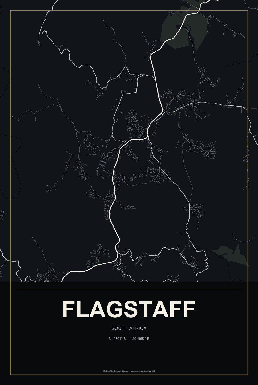 Flagstaff, South Africa City Map Aluminum Sign in Metropolitan Noir style