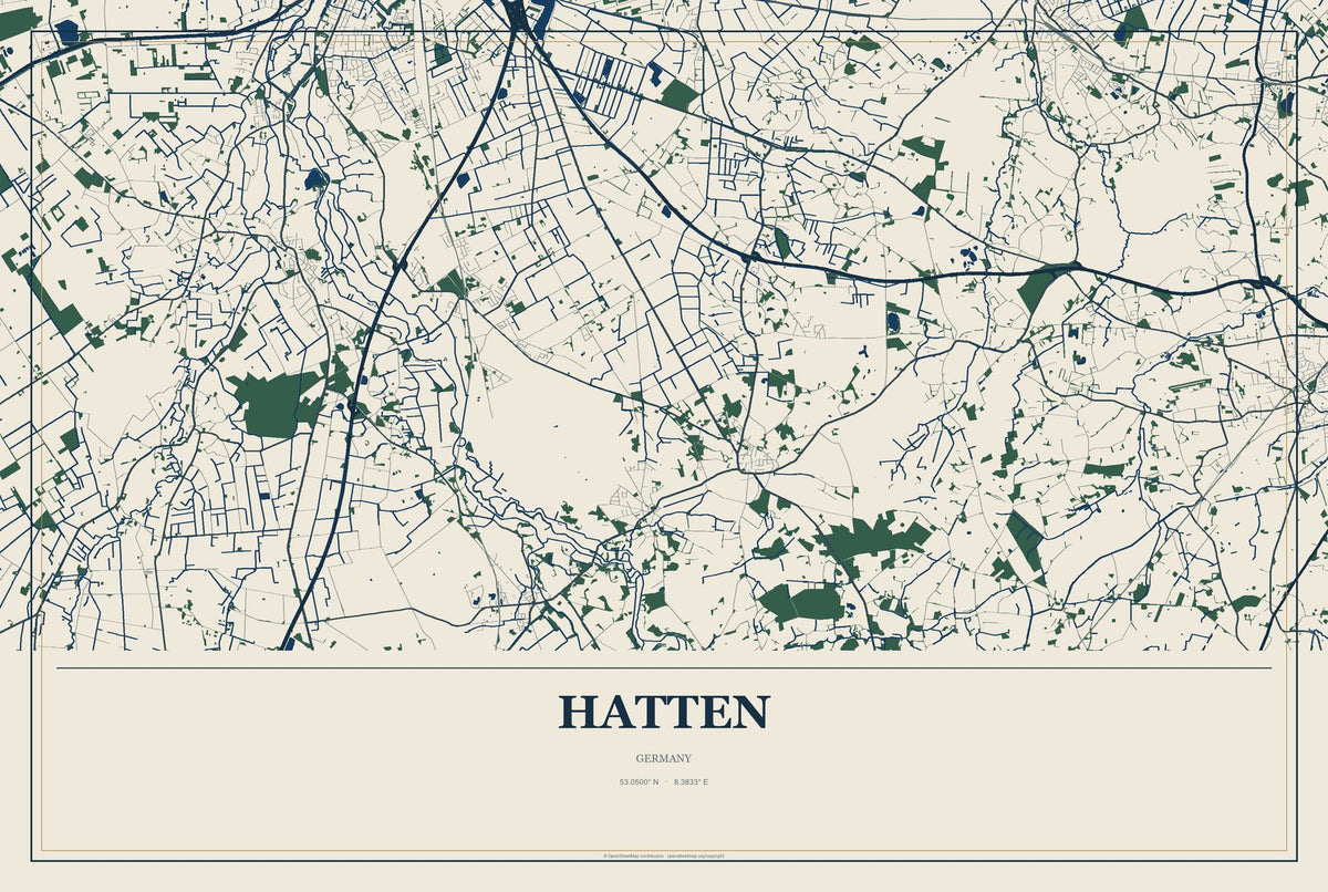 Hatten, Germany City Map Aluminum Sign in Coastal Cutout style