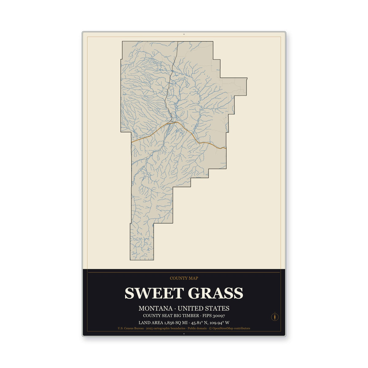 Sweet Grass County, Montana Map Aluminum Sign in Museum Plaque style