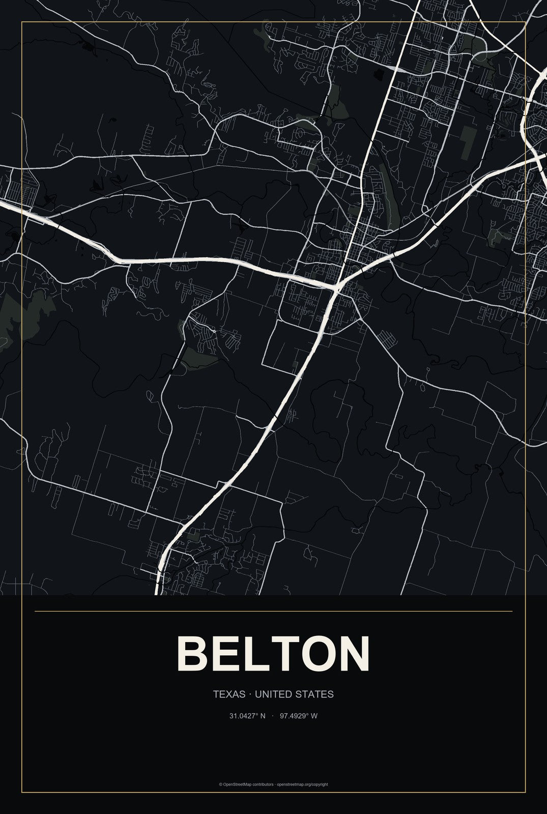 Belton, Texas City Map Aluminum Sign in Metropolitan Noir style