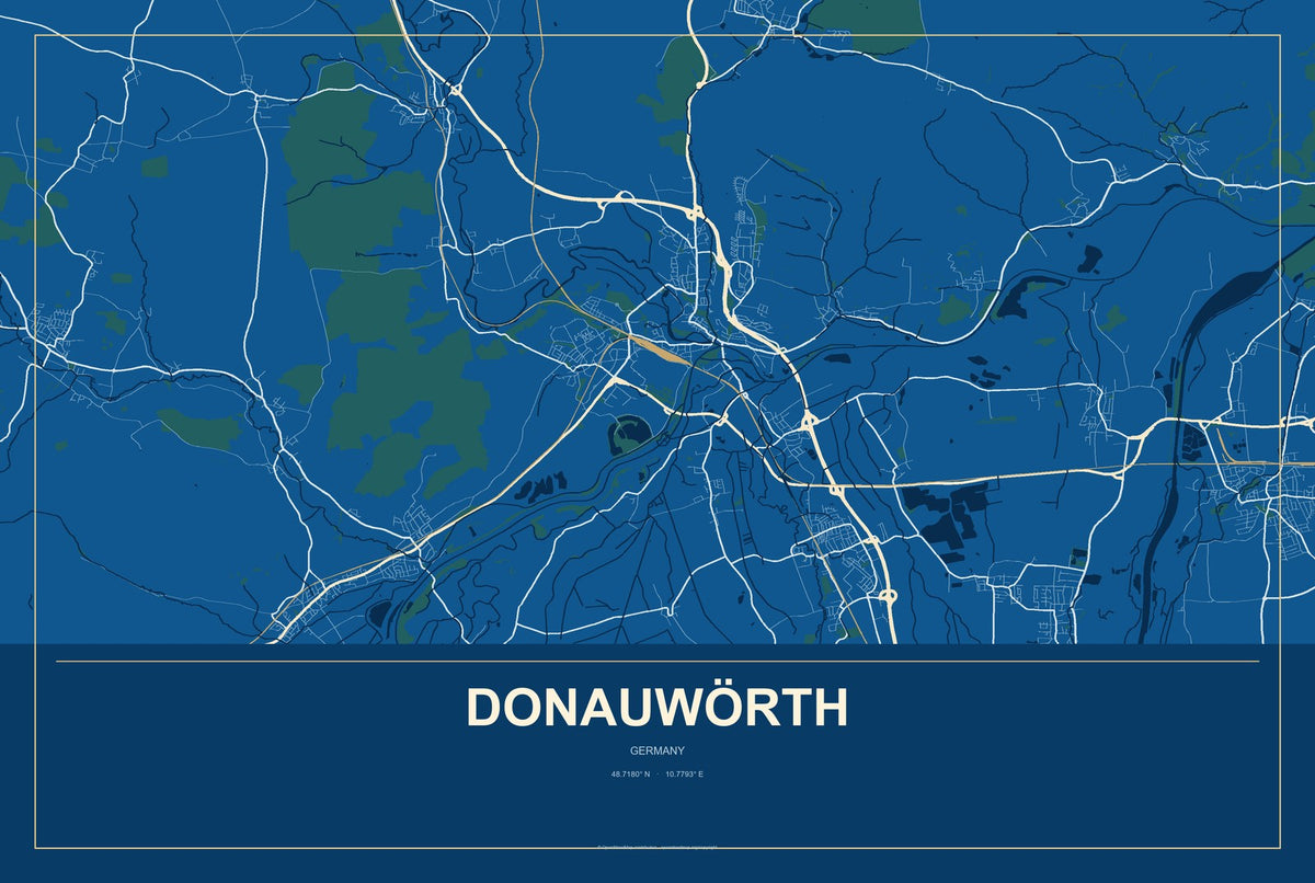 Donauwörth, Germany City Map Aluminum Sign in Harbor Cobalt style
