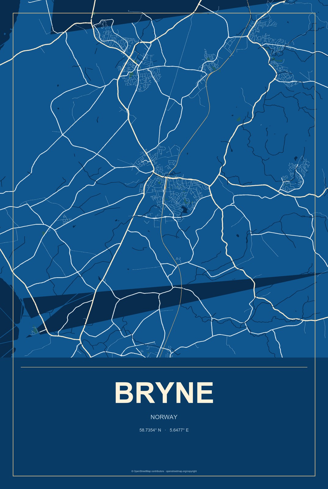 Bryne, Norway City Map Aluminum Sign in Harbor Cobalt style