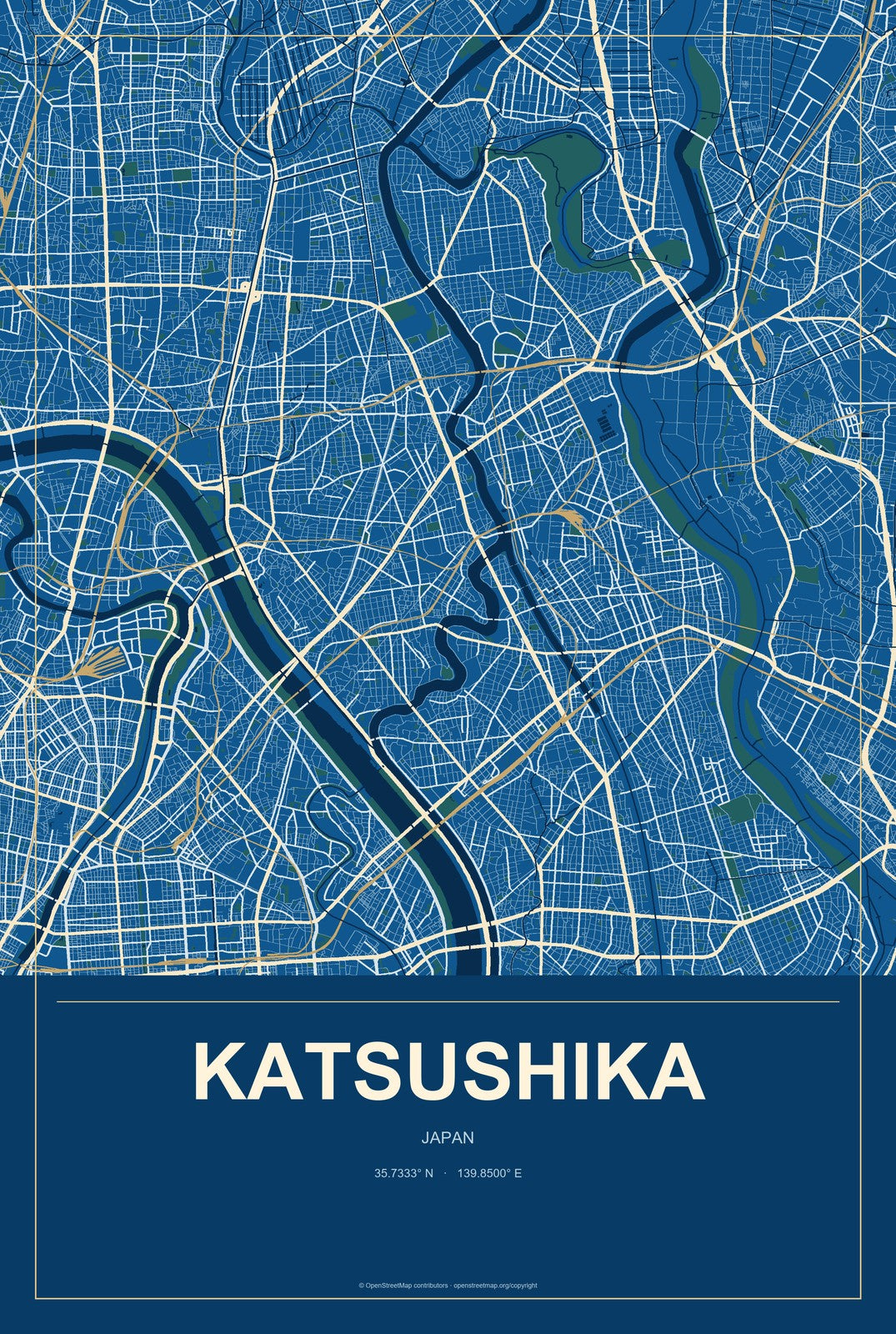Katsushika, Japan City Map Aluminum Sign in Harbor Cobalt style