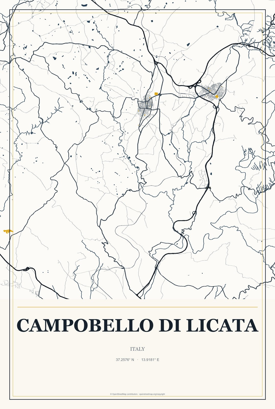 Campobello di Licata, Italy City Map Aluminum Sign in Citrine Modern style