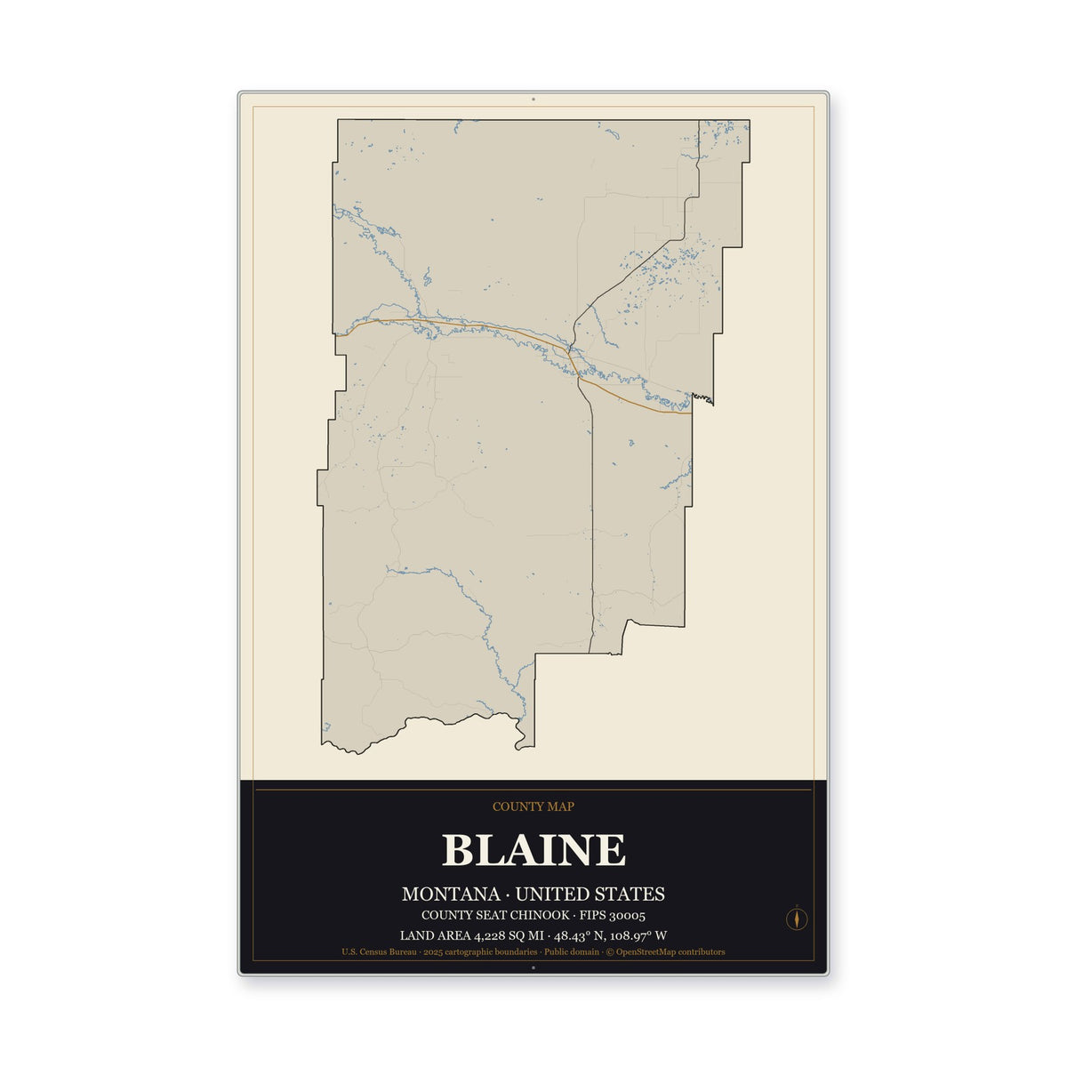Blaine County, Montana Map Aluminum Sign in Museum Plaque style