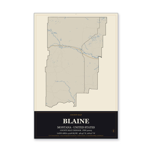 Blaine County, Montana Map Aluminum Sign in Museum Plaque style
