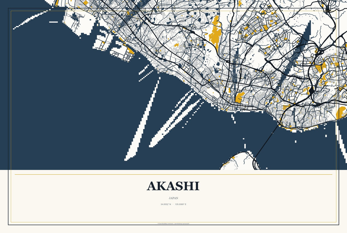 Akashi, Japan City Map Aluminum Sign in Citrine Modern style