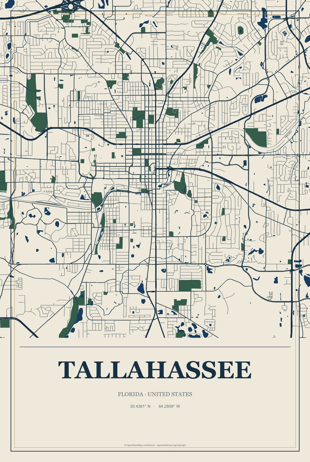 Tallahassee, Florida City Map Aluminum Sign in Coastal Cutout style