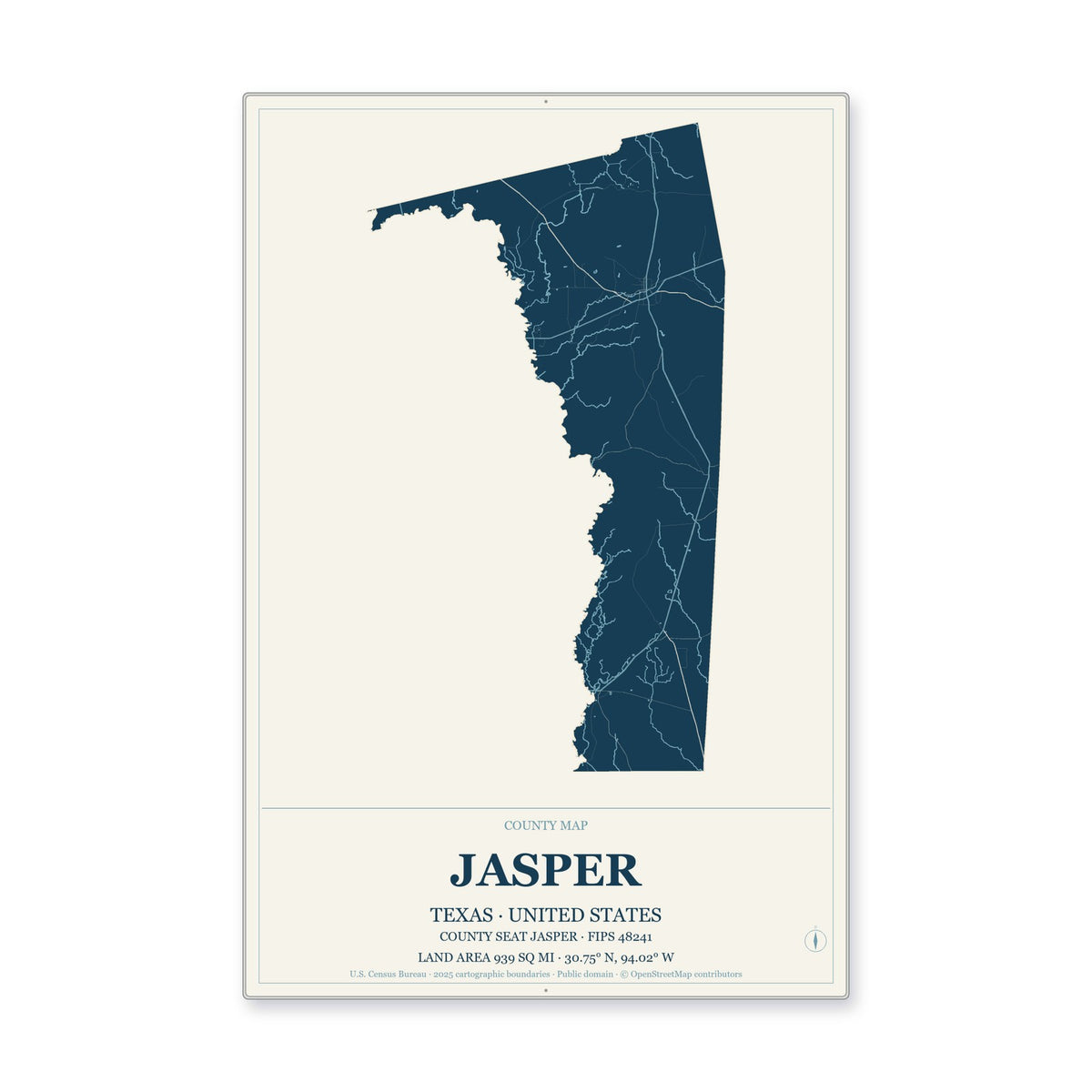 Jasper County, Texas Map Aluminum Sign in Coastal Cutout style