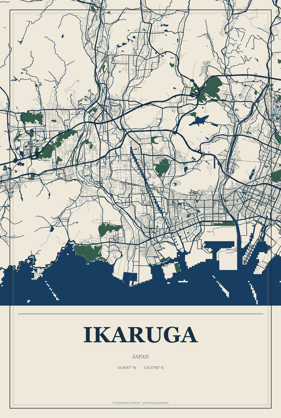 Ikaruga, Japan City Map Aluminum Sign in Coastal Cutout style