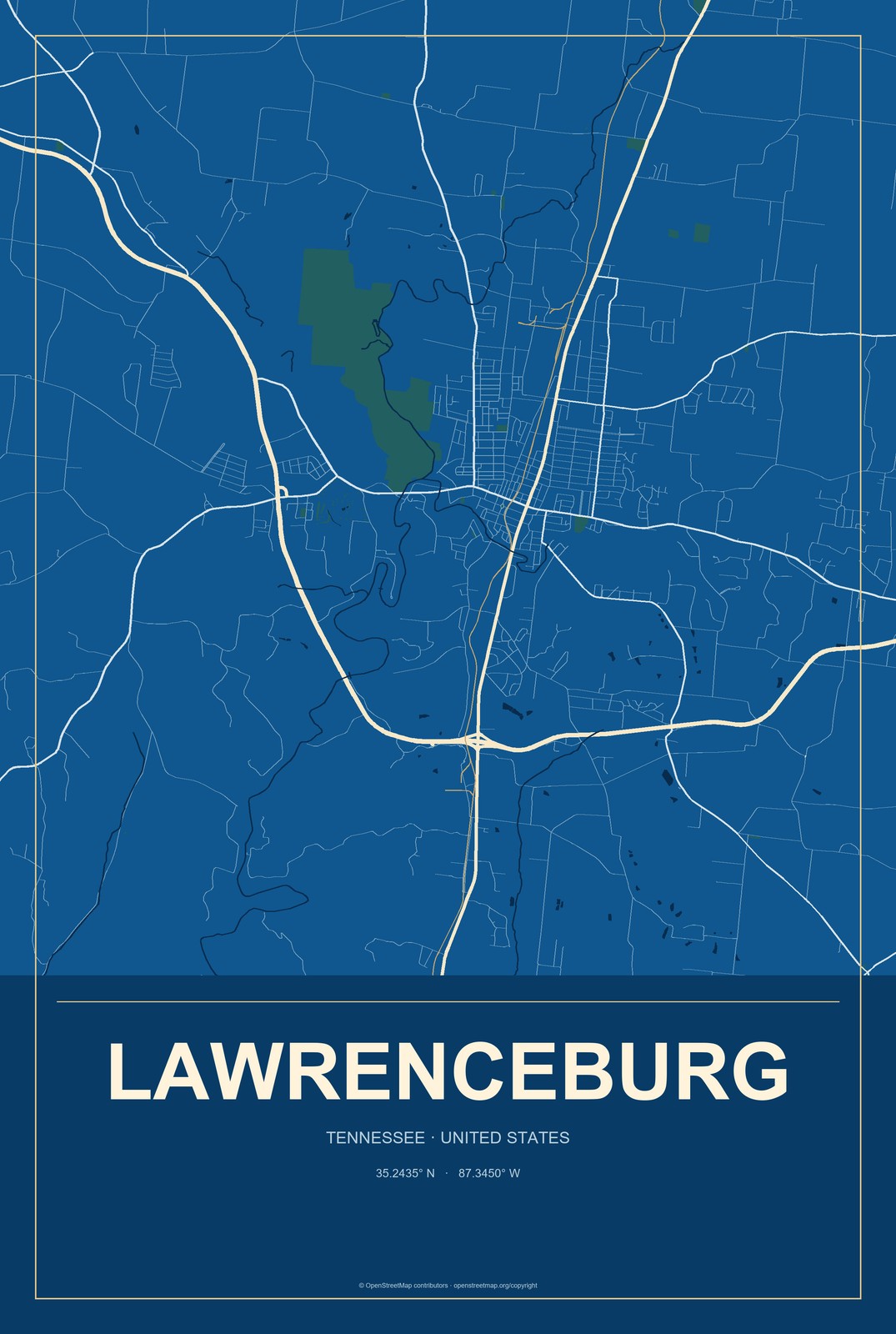 Lawrenceburg, Tennessee City Map Aluminum Sign in Harbor Cobalt style