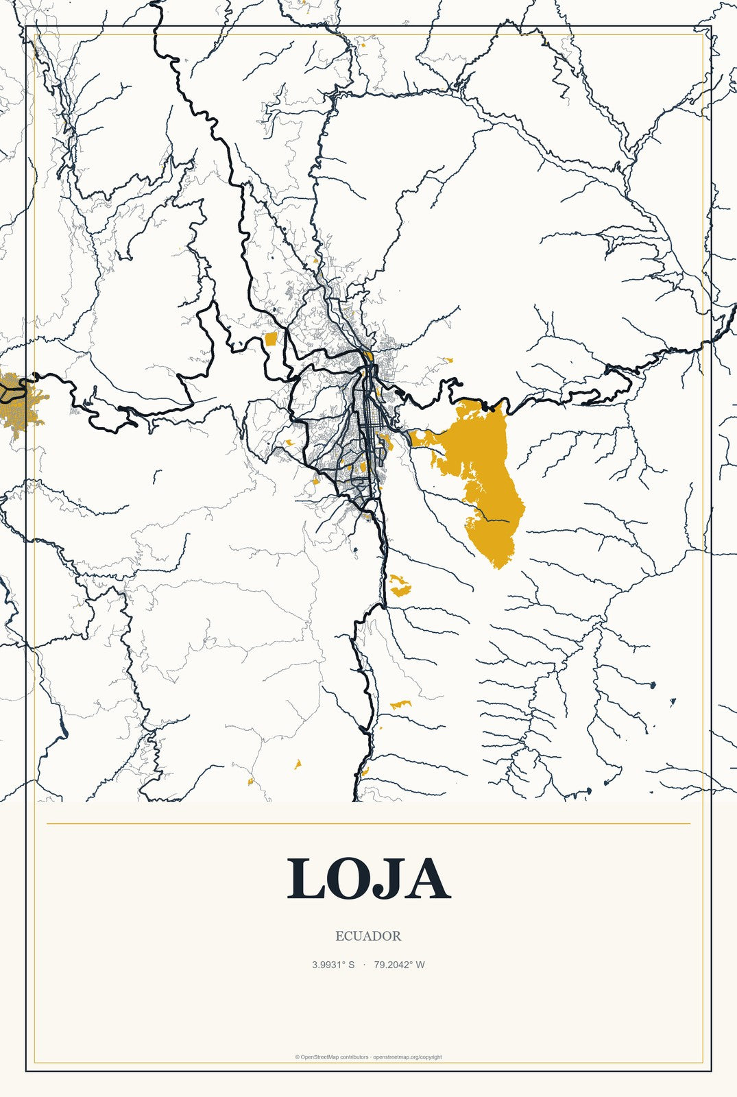 Loja, Ecuador City Map Aluminum Sign in Citrine Modern style