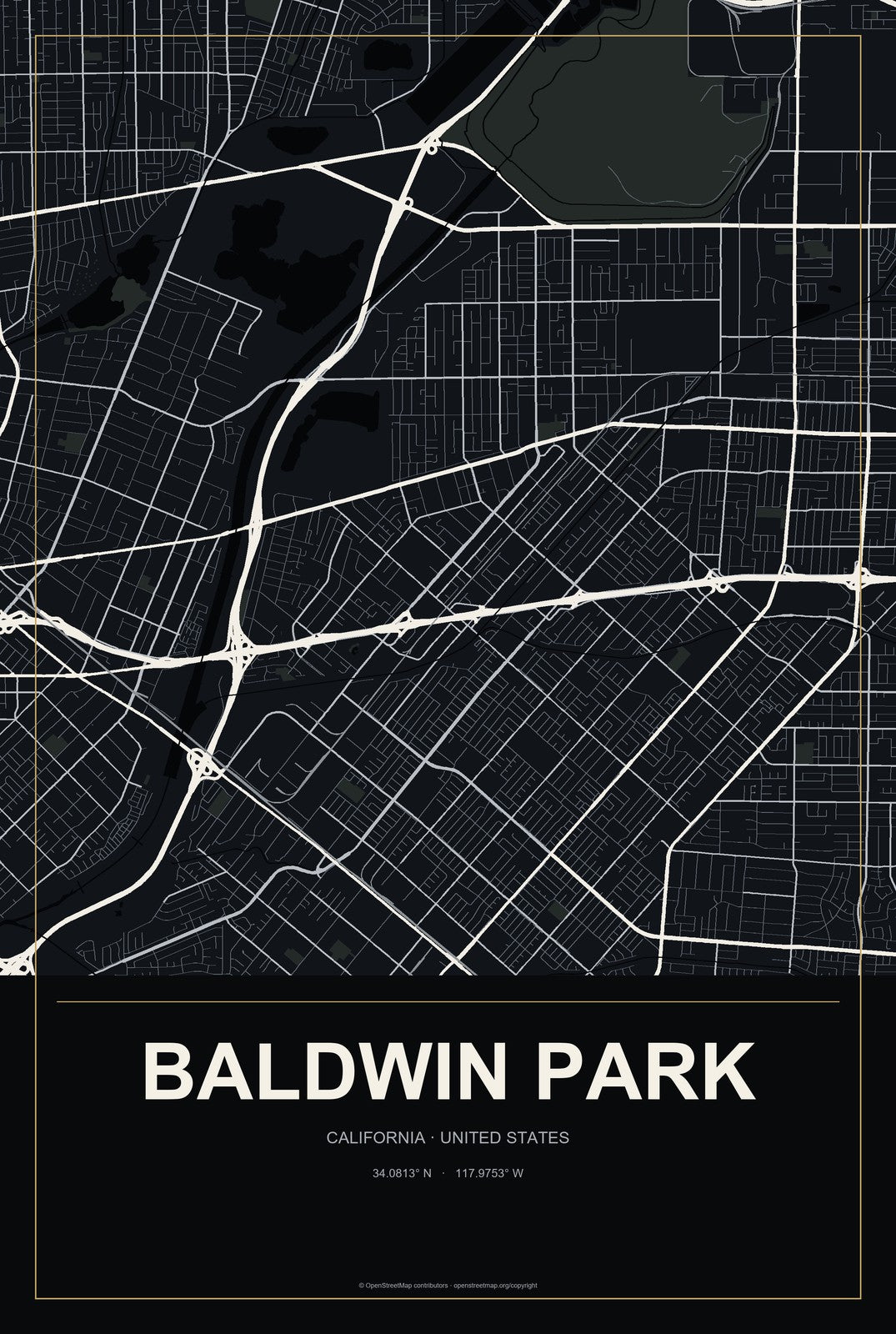 Baldwin Park, California City Map Aluminum Sign in Metropolitan Noir style