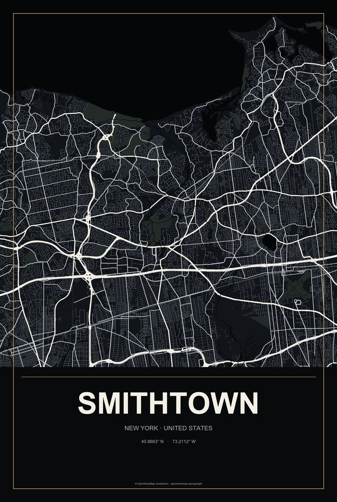 Smithtown, New York City Map Aluminum Sign in Metropolitan Noir style