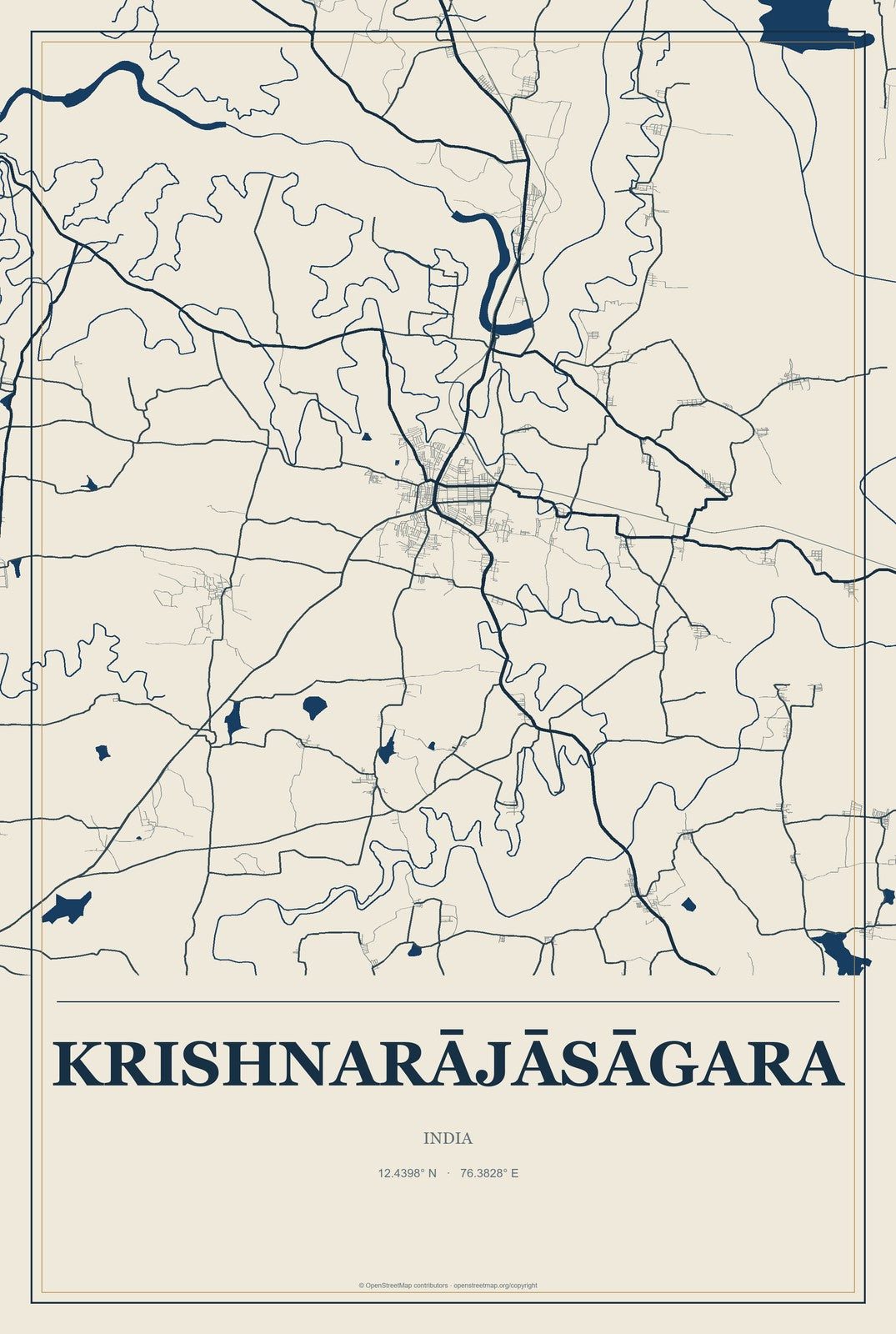 Krishnarājāsāgara, India City Map Aluminum Sign in Coastal Cutout style
