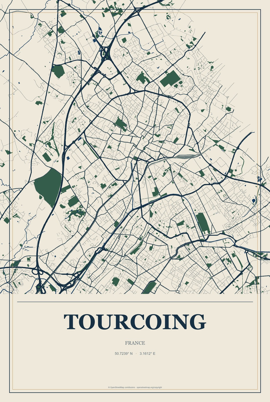 Tourcoing, France City Map Aluminum Sign in Coastal Cutout style