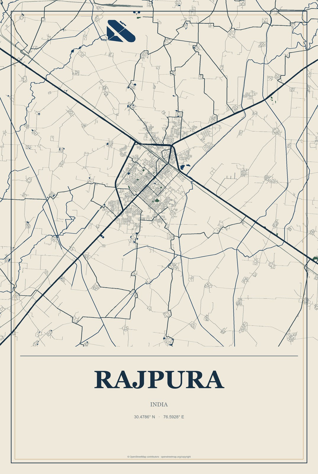 Rajpura, India City Map Aluminum Sign in Coastal Cutout style