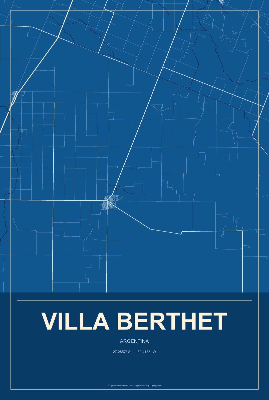 Villa Berthet, Argentina City Map Aluminum Sign in Harbor Cobalt style