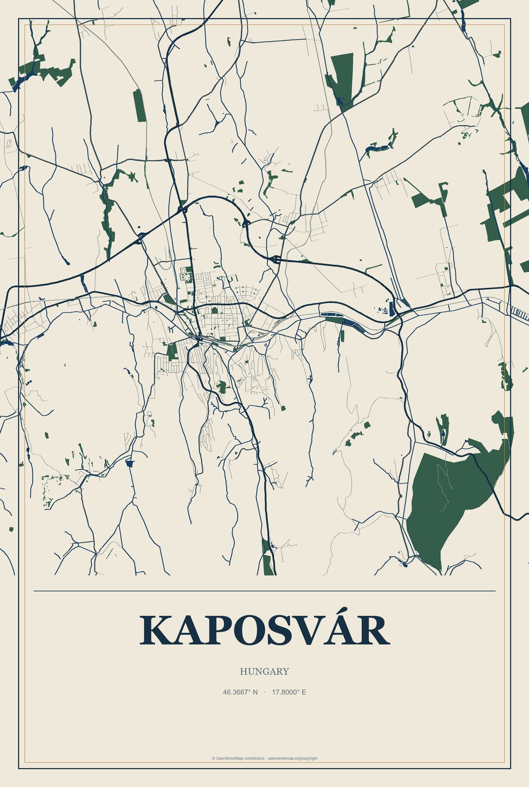 Kaposvár, Hungary City Map Aluminum Sign in Coastal Cutout style
