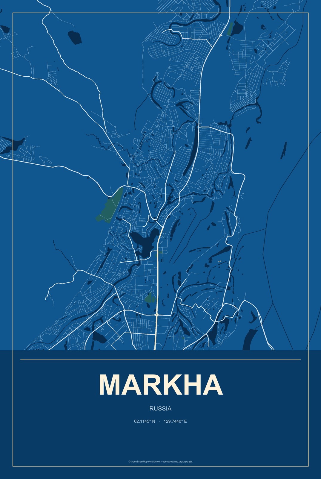 Markha, Russia City Map Aluminum Sign in Harbor Cobalt style