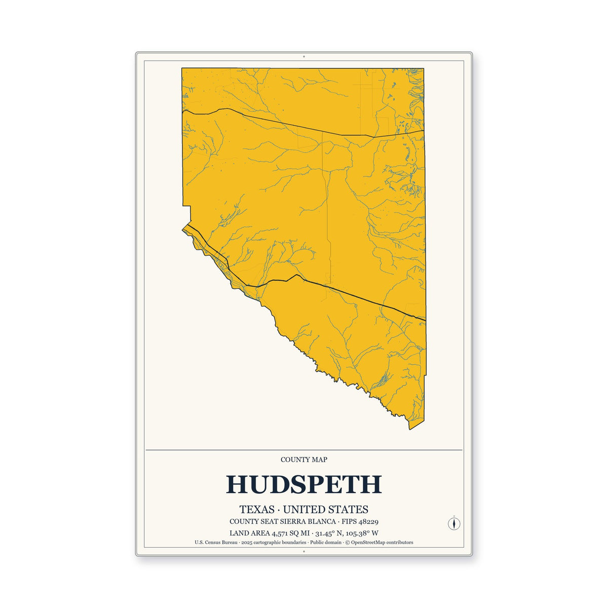 Hudspeth County, Texas Map Aluminum Sign in Citrine Modern style