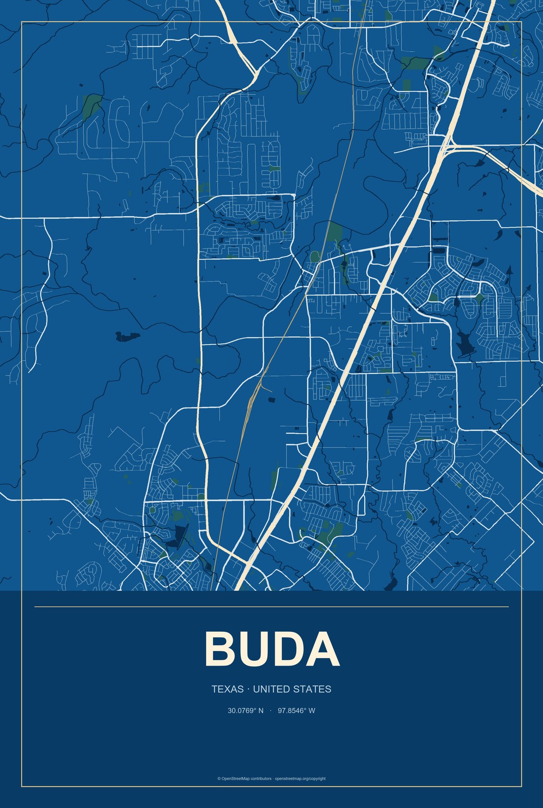 Buda, Texas City Map Aluminum Sign in Harbor Cobalt style