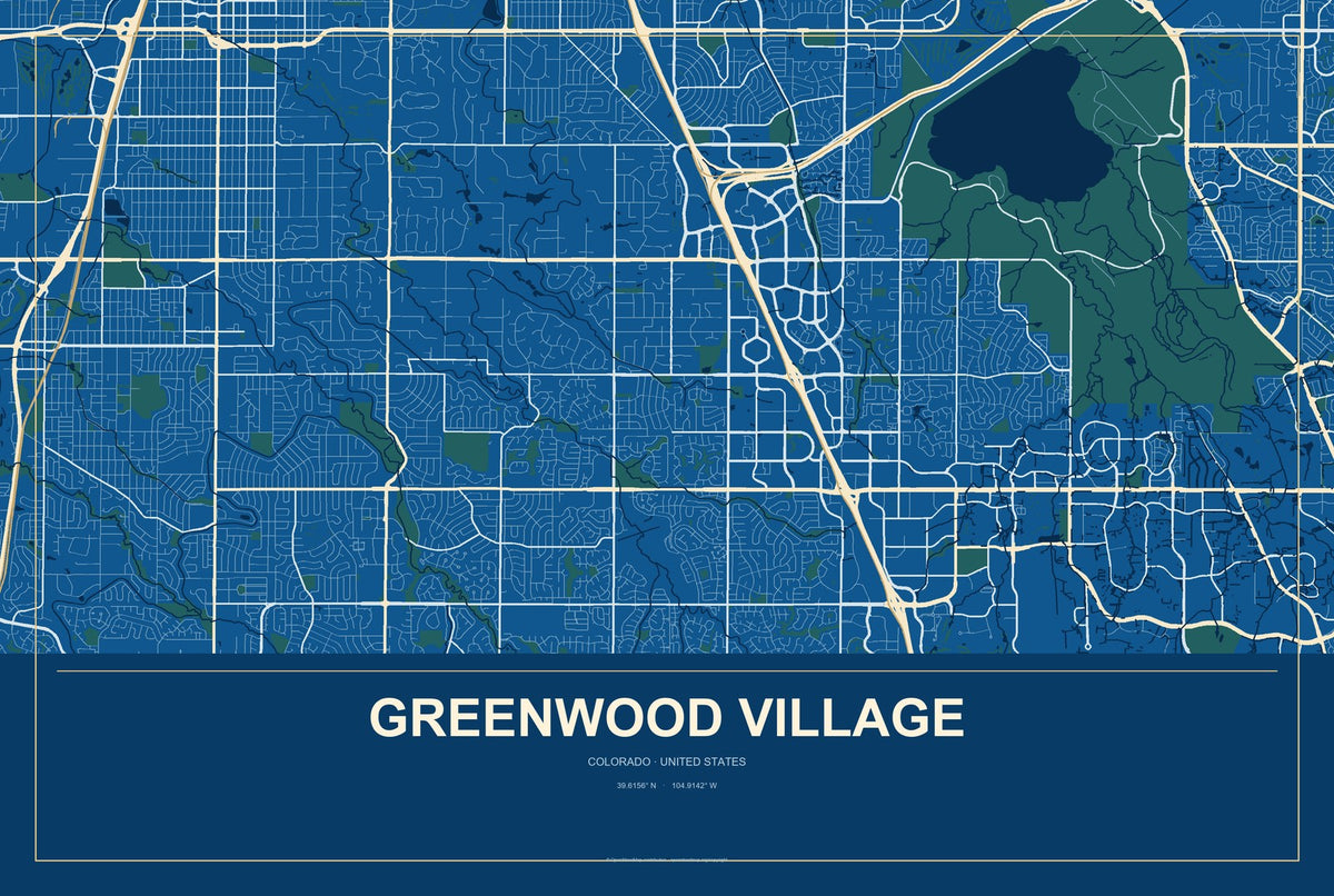 Greenwood Village, Colorado City Map Aluminum Sign in Harbor Cobalt style