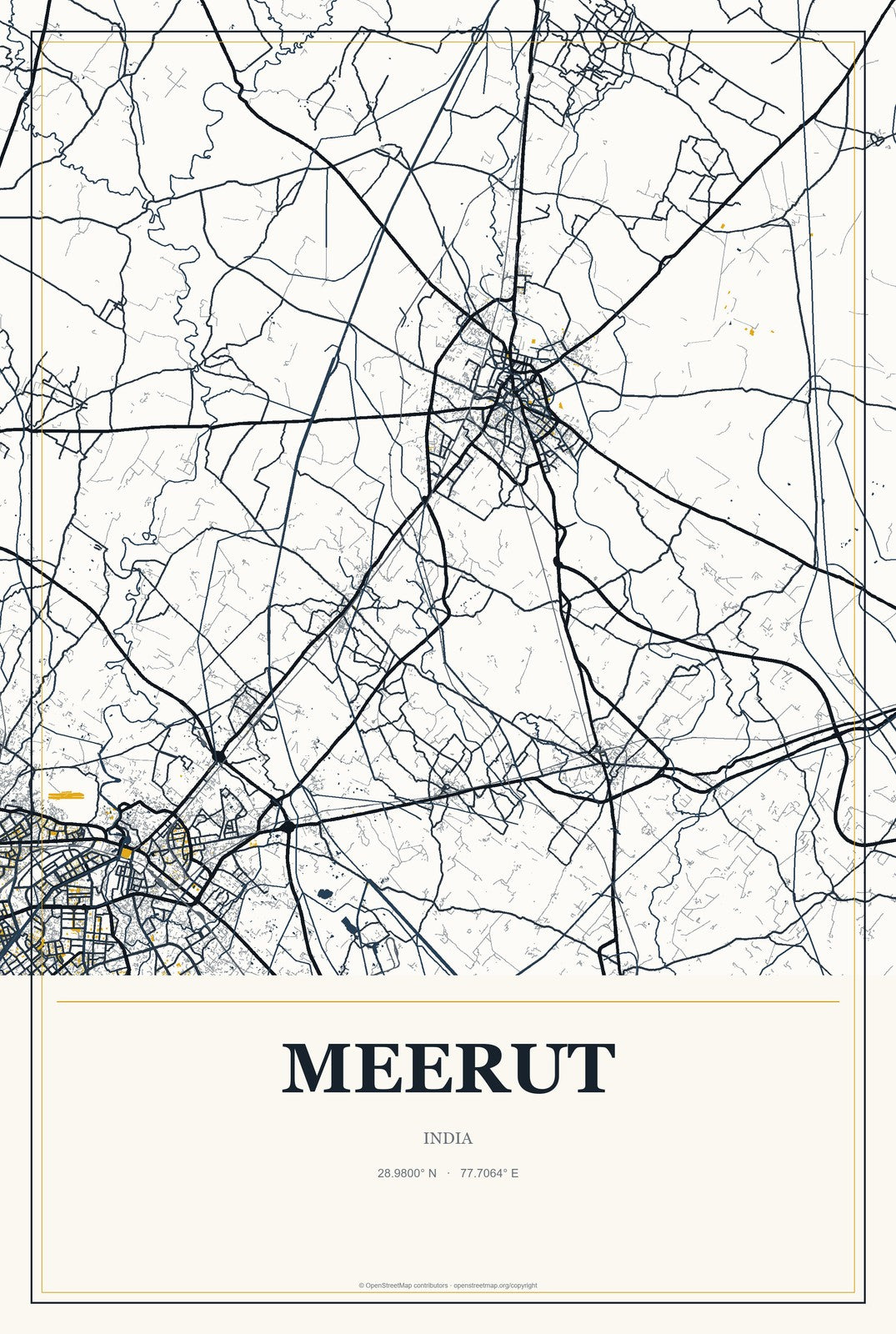 Meerut, India City Map Aluminum Sign in Citrine Modern style