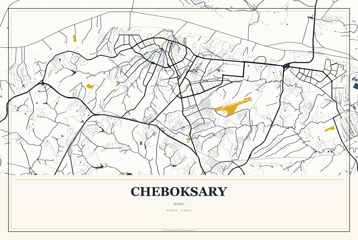 Cheboksary, Russia City Map Aluminum Sign in Citrine Modern style