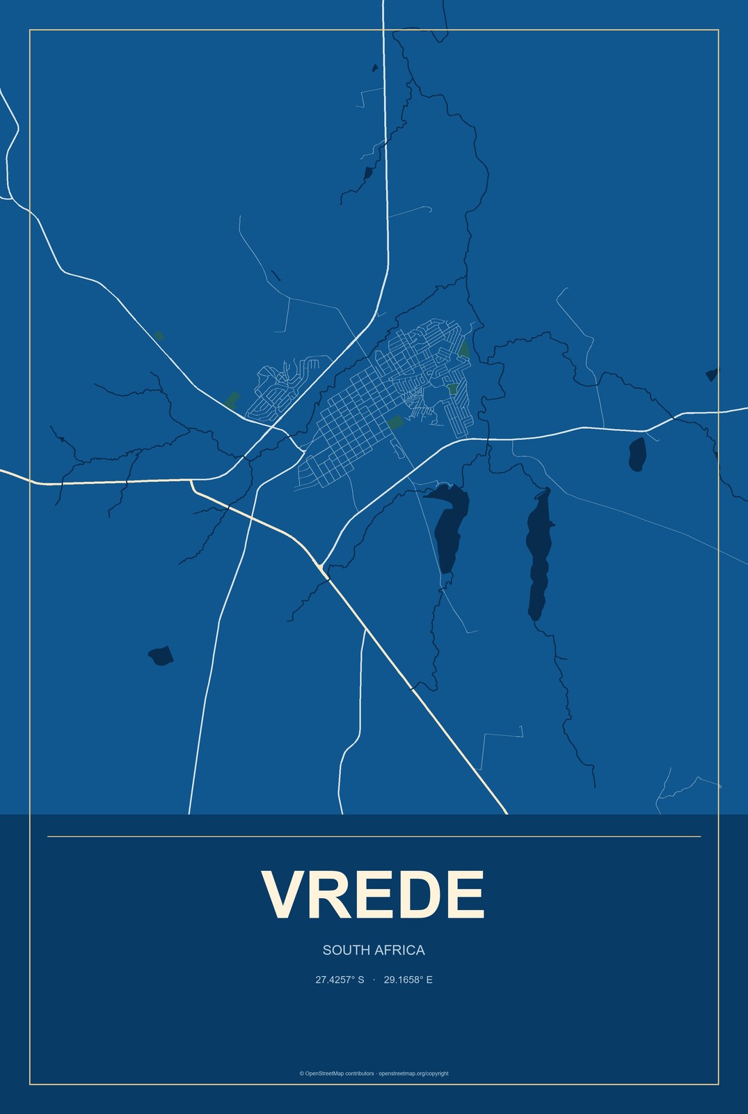 Vrede, South Africa City Map Aluminum Sign in Harbor Cobalt style